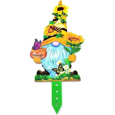 1. Panneau de jardin printanier avec abeille, fleur, papillon et gnome – Décoration extérieure pour pelouse, patio et jardin avec piquets inclus.