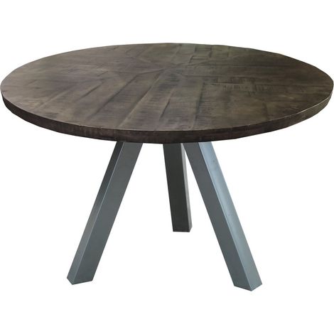 Table à Manger Ronde 120 x 120 cm en Bois de Manguier Brut et Structure en Métal - PANGIVO (1/5)