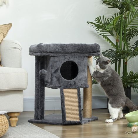 Arbre à chat avec tapis de griffage en jute, plateforme, balle et niche, 40 x 40 x 57 cm, gris foncé (1/5)