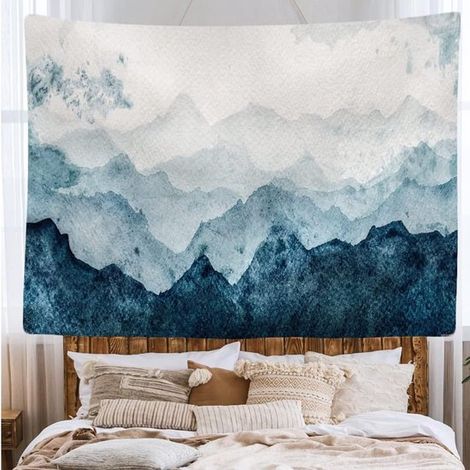 Quadro murale ad acquerello "Montagne in blu e ruggine" da appendere al muro 200 x 150 cm Grande arazzo Poster decorazione Accessori Decorazione Tappeto Tessuto Pittura (1/5)