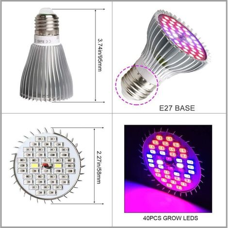 Ampoule LED per piante E27 30W, 40LED luce a spettro completo, AC 85-265V, per crescita e fioritura, idonea per idroponica, giardino, acquario, lotto di 2 (1/3)