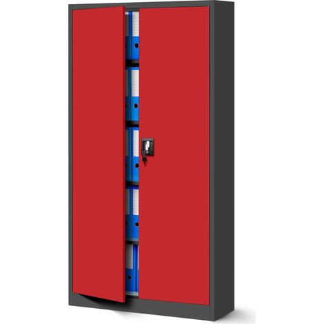 Jan Nowak Büroschrank C001 Aktenschrank Lagerschrank Mehrzweckschrank Metallschrank 4 Fachböden Pulverbeschichtung Stahlblech 185 cm x 90 cm x 40 cm - anthazit/rot (1/5)