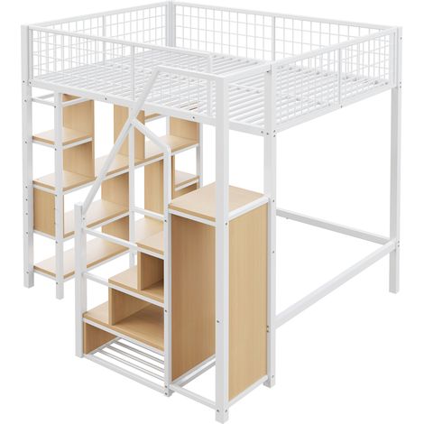 Cama alta multifuncional 140 x 200 cm de metal blanco con almacenaje y escalera (1/5)