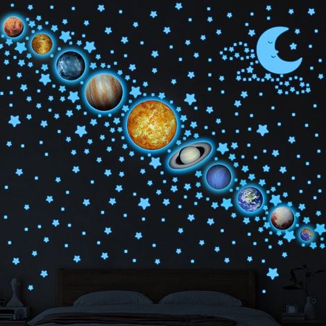 Adesivi fosforescenti dei nove pianeti del sistema solare, decorazioni autoadesive con cielo stellato, luna e stelle cadenti per K (1/4)