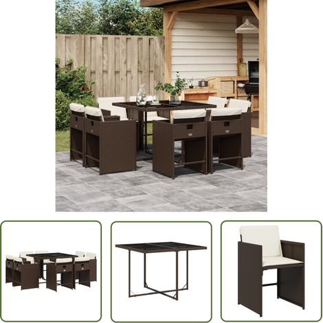 The Living Store Ensemble à manger de jardin et coussins 9 pcs marron poly rotin - Salon De Jardin - Meuble De Jardin - Set De Salon De Jardin - Mobilier De Jardin - Table De Jardin (1/5)