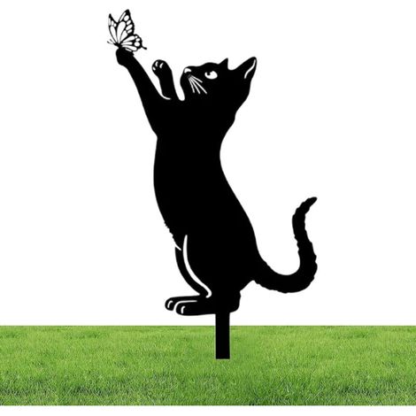 Simpatica statua di gatto in metallo, statue da giardino 26/30 cm, paletto in ferro per cortile per gatto nero, ornamenti da giardino in metallo, statue di animali cave, ornamenti da esterno per prato