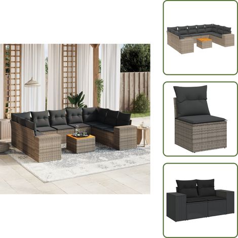10-tlg. Garten-Sofagarnitur mit Kissen Grau Poly Rattan - Gartensorte - Outdoor Möbel - Gartenlounge - Lounge Set - Esstischset (1/5)
