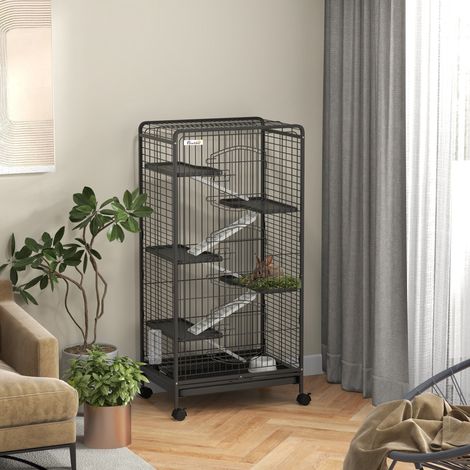 Jaula para animales pequeños y roedores con ruedas, jaula para conejos y chinchillas con 5 rampas y 5 plataformas, comedero y bebedero, 61,5 x 44 x 131 cm, negra.
