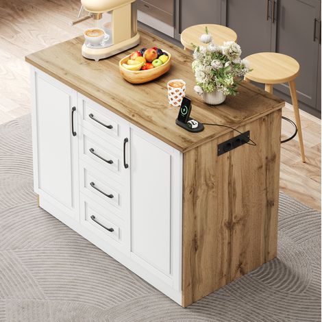 MODFU – Isla de cocina 120x60x90 cm de MDF/aglomerado con 4 cajones, estantes regulables, enchufes USB y carga 50 kg – Blanco/natural (1/5)