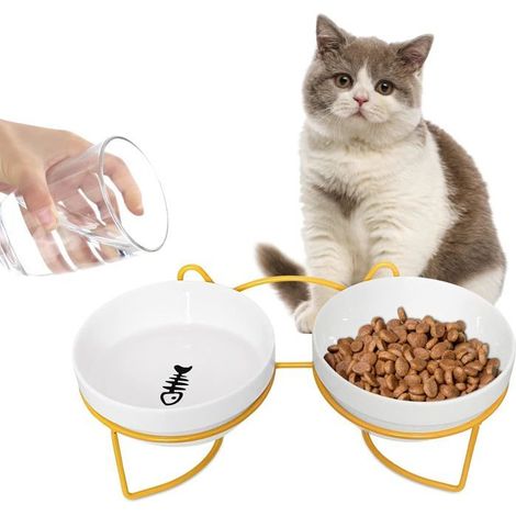 Lot 2X Bol en Céramique Surélevé pour Chat - Gamelle Double avec Support Incliné pour Nourriture/Eau (1/4)