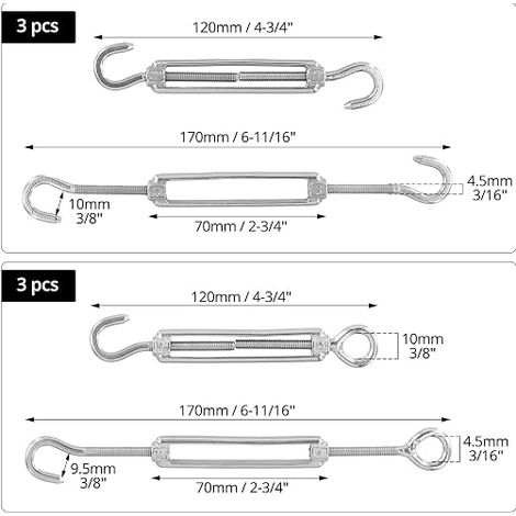 Kit for 3mm Wire Rope M5 Turnbuckles and Accessories 304 Stainless Steel (1/4)