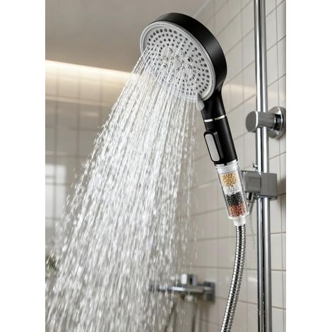 Pommeau de douche à économie d'eau, filtre à douchette avec pierres minérales et 5 types de jet, plus de pression avec filtration à 3 couches et pierres supplémentaires, blanc, brossé (noir) (1/5)