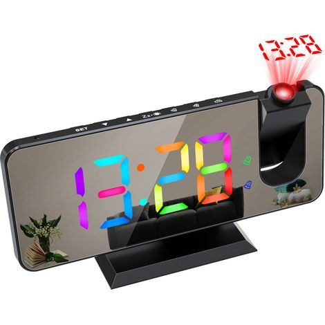 Réveil électronique noir à double alarme avec grand écran et miroir, projection de couleurs RVB, noir (1/5)