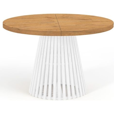 Table à manger ronde extensible DOVER avec lamelles- style industriel/loft avec pieds Ă lattes, diamètre : 110 / 210 cm, couleur :lancelot / blanc (1/4)