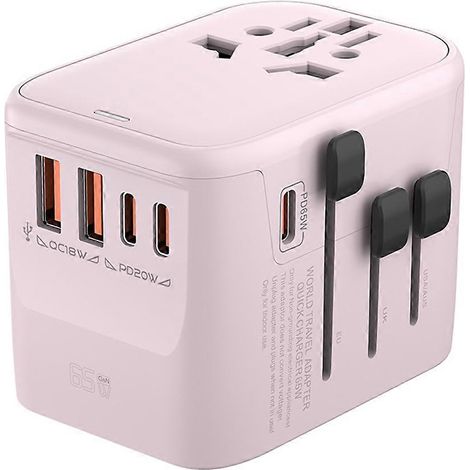 GaN65W Internationaler Reiseadapter mit 2 USB 3 Typ C Anschlüssen, GaN Schnellladefunktion, EU-, AU- und US-Steckern (Pink). (1/5)