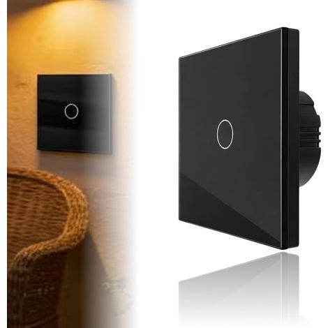 Interrupteur à Bascule Tactile Encastré en Noir, LED d'État, 1 Bouton, Panneau en Verre Trempé Résistant, Système Va-et-Vient, Installation Facile et Sécurisée pour Maison et Bureau (1/5)