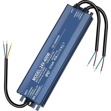 Transformateur 220v 24v 400W, alimentation 24 volt 16.6A, Transfo AC à DC led driver 24v étanche IP67, convertisseur 220v 24v pour CCTV MR16 G4 MR11 GU5.3 Ampoule et Bande Lumineuse LED, Non Dimmable (1/5)
