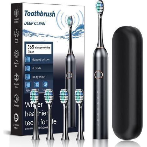 Elektrische Schallzahnbürste. Mit 4 Bürstenköpfen. 6 Reinigungsmodi. Integrierter 2-Minuten-Timer. 30-Sekunden-Erinnerung. Inklusive Reiseetui. IPX7. Unisex (Schwarz). (1/5)