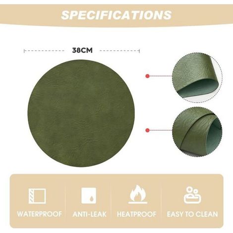 Set De Table - Cuir Synthétique - Rond 38 Cm - Vert Olive - 4 Pièces (1/5)