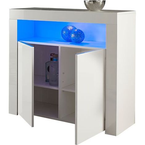 Modern White Matt Gloss Buffet Sideboard Cabinet with LED Lights- Length 90cm x Depth 35cm x Height 83cm