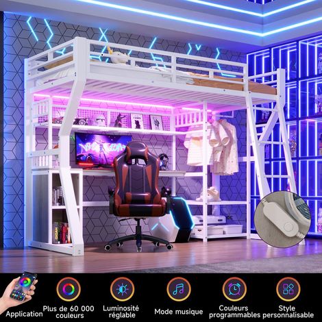 Lit Mezzanine métal 90x200 avec LED et Prise électrique, Lit Superposé Enfant avec Espace de Rangement pour vêtements, Bureau intégré, Casiers et étagères, Blanc - matelas non inclus