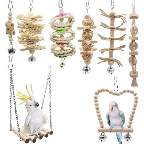 Jouets pour perroquets, balançoires en bois à mâcher, clochette suspendue, jouets pour cage, perchoirs pour petites perruches, calopsittes, pinsons, perruches ondulées (1/5)