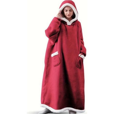 Couverture à Capuche - - Rouge - Flanelle - Taille Unique - Poches Moelleuses (1/5)