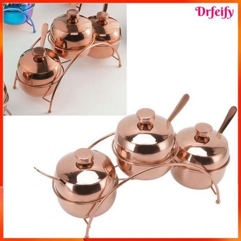 Ensemble de pots d'assaisonnement - - Set 3 pots - Acier inoxydable 304 - Rose - Support + cuillères (1/5)