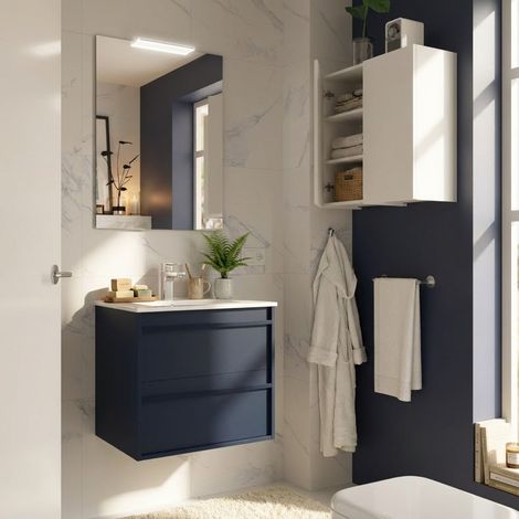 Meuble de salle de bain suspendu 60 cm avec lavabo en céramique et 2 tiroirs bleu satiné – Urban