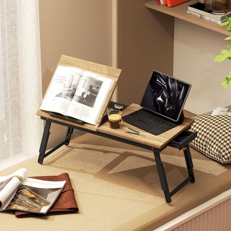 Table de lit, table pour ordinateur portable, réglable en hauteur avec tiroir, pliable pour canapé, bureau, lit, chêne (1/4)