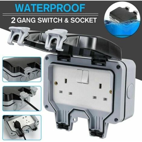FLITI IP66 Waterproof Outdoor Double Socket, Robust Wall Box with Transparent Cover, 13A, 2 Gang, Grey and White, 17x15x8cm (1/5)