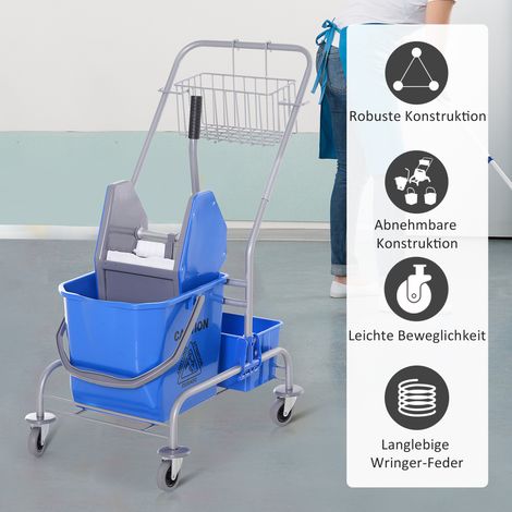 Chariot de ménage bleu, seau à vadrouille 25 L, 4 roues, en plastique, pour nettoyage professionnel