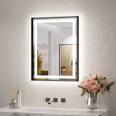 Keonjinn Badspiegel mit Beleuchtung, 50x70cm Schwarz Front- und Rücklicht LED Spiegel Bad mit Alurahmen 3 Lichtfarben dimmbar, Badezimmerspiegel Antibeschlag, Gehärtetes Glas, Memory, IP44