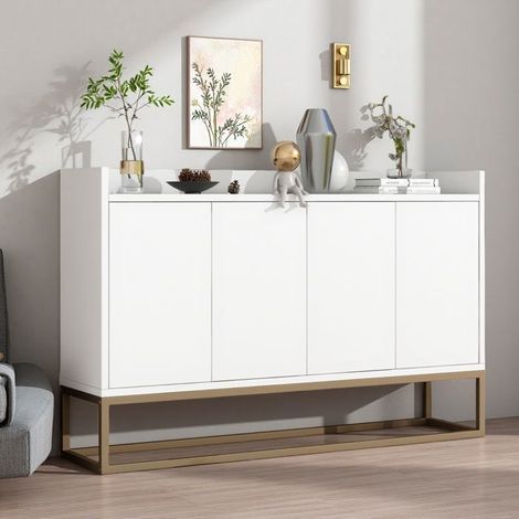 Aufbewahrungskommode - Modell ohne Griff - 4 Türen - Massivholz - Goldener Rahmen - Weiß