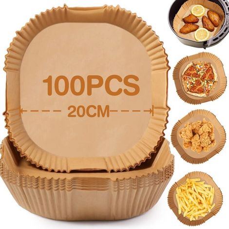 Lot de 100 feuilles de cuisson antiadhésives 20cm – Papier sulfurisé pour friteuse à air 5-8L – Résistant à l'huile et à l'eau – Forme carrée (1/4)