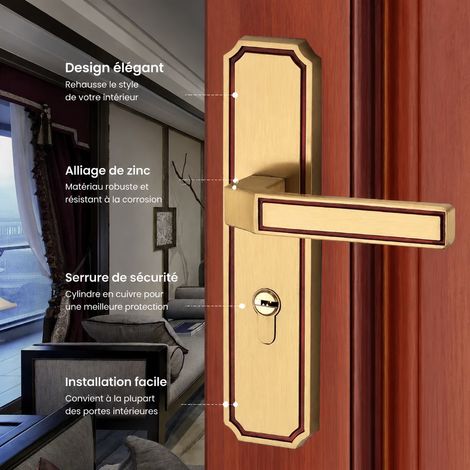 Ensemble serrure à poignée en cuivre doré européen pour porte intérieure en bois réf 4191 – Livraison gratuite