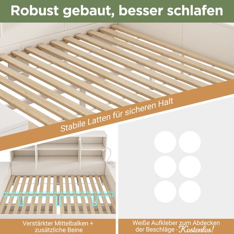 Lit coffre 140x200 blanc, sommier à tiroirs avec rangement intégré, cadre en bois à double porte et prises USB-C – lit double compact avec espace de stockage, idéal enfant (matelas non inclus) (1/5)