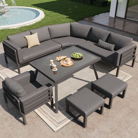 Canapé de jardin Siena - Salon de jardin modulable 8 places avec table en verre, coussins 8 cm, structure en fer gris (1/5)