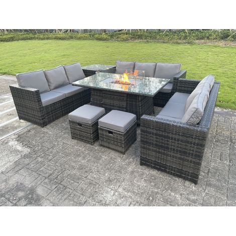 Fimous Outdoor Rattan Garden Furniture Gas Fire Pit Dining Table Gas Heater Sets Side Table Small Footstools Dark Mixed Grey 11 Seater (1/5)