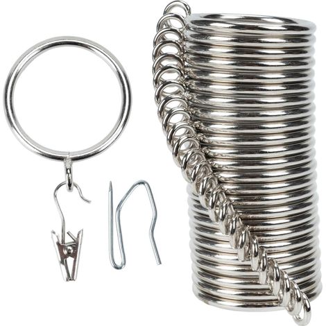 Lot de 24 anneaux de rideau et clips de rideau de 38 mm de diamètre intérieur - Anneaux de tringle à rideaux - Crochets et clips - Pour deux rideaux standard - Argenté (1/5)