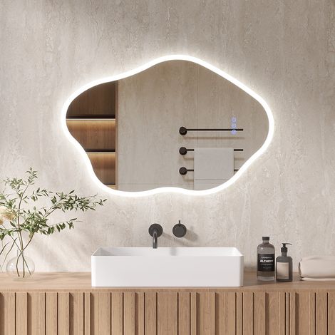 Asymmetrischer LED Badspiegel 90 x 60 cm Spiegel mit Licht LED Spiegel mit Touch-Schalter, Dimmbar 3 Lichtfarbe Einstellbare Dekospiegel (1/5)