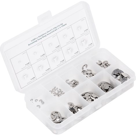 Lot 120 bagues d'arrêt externes en acier inoxydable, circlips assortis 1,5-10 mm, kit de fixation élastiques (1/5)