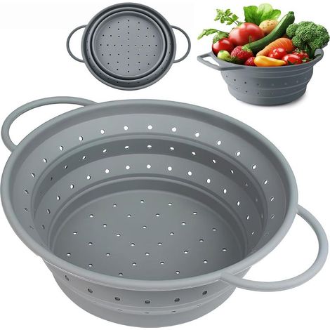 Passoire pliable en silicone avec poignées, égouttoir multifonction pour pâtes, fruits et légumes, 26 cm - Gris pratique et résistant pour cuisine (1/5)