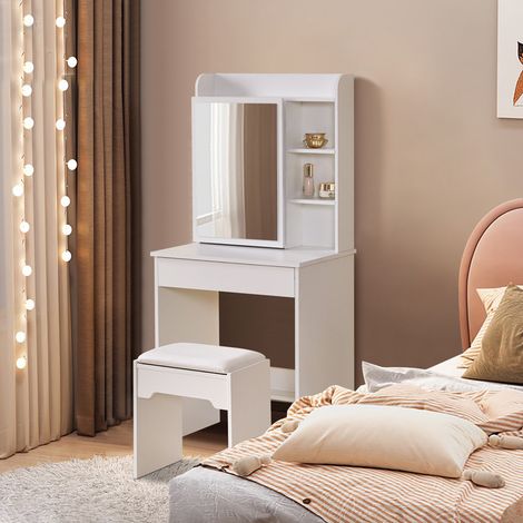 Coiffeuse avec miroir et tabouret, Rangement derrière le miroir, 60 x 40 x 130 cm,Style Moderne, Blanc (1/5)