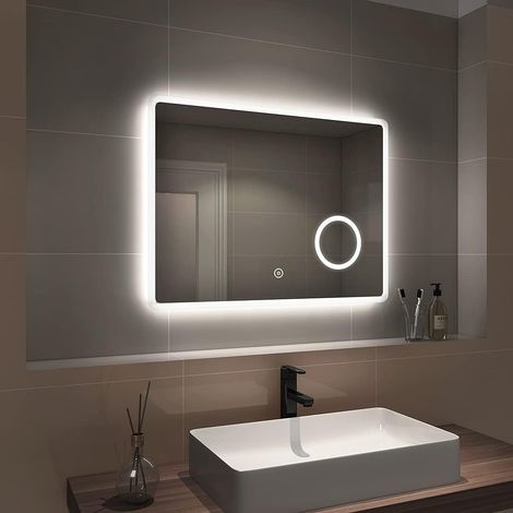 EMKE LED Bathroom Mirror Illuminated Wall Mirror Touch Switch + Demister Pad + Shaver Socket + 3X Magnifying Mirror, 800 x 600mm, Horizontal