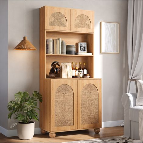 Aparador alto 80x40x180 cm con puertas de rejilla, 3 zonas de almacenamiento, madera natural (1/5)