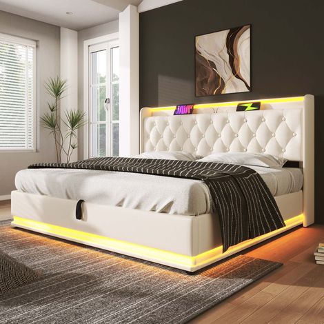 Lit coffre 140x200 cm blanc en similicuir PU, LED 360° avec appli et télécommande, USB et USB-C, tête de lit avec rangements, sommier à lattes inclus, sans matelas (1/5)