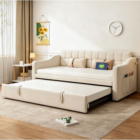 Sofá cama convertible 90x190 cm en terciopelo beige, puertos USB y almacenamiento (1/5)