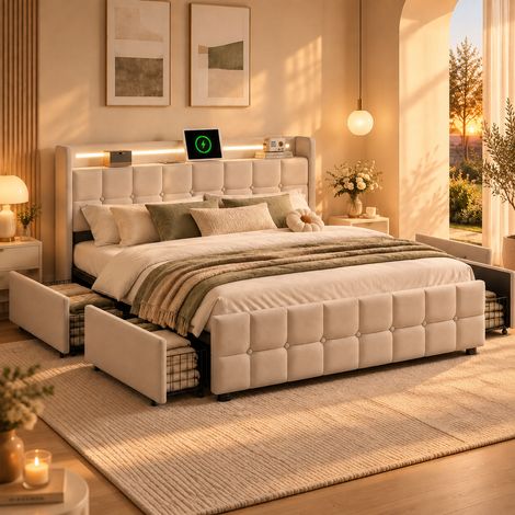 Lit double 160x200 cm avec 4 tiroirs, lit adult avec Lumière LED, tête de lit capitonné avec 2 USB, Cadre Métallique, sommier à Lattes, Lin beige (1/5)