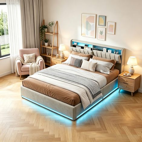 Lit Coffre 140x190 cm en velour, Lit Double avec Tête de Lit de Rangement, LED RGB et Prises USB/Type-C, Rangement hydraulique, Sommier à Lattes, Gris